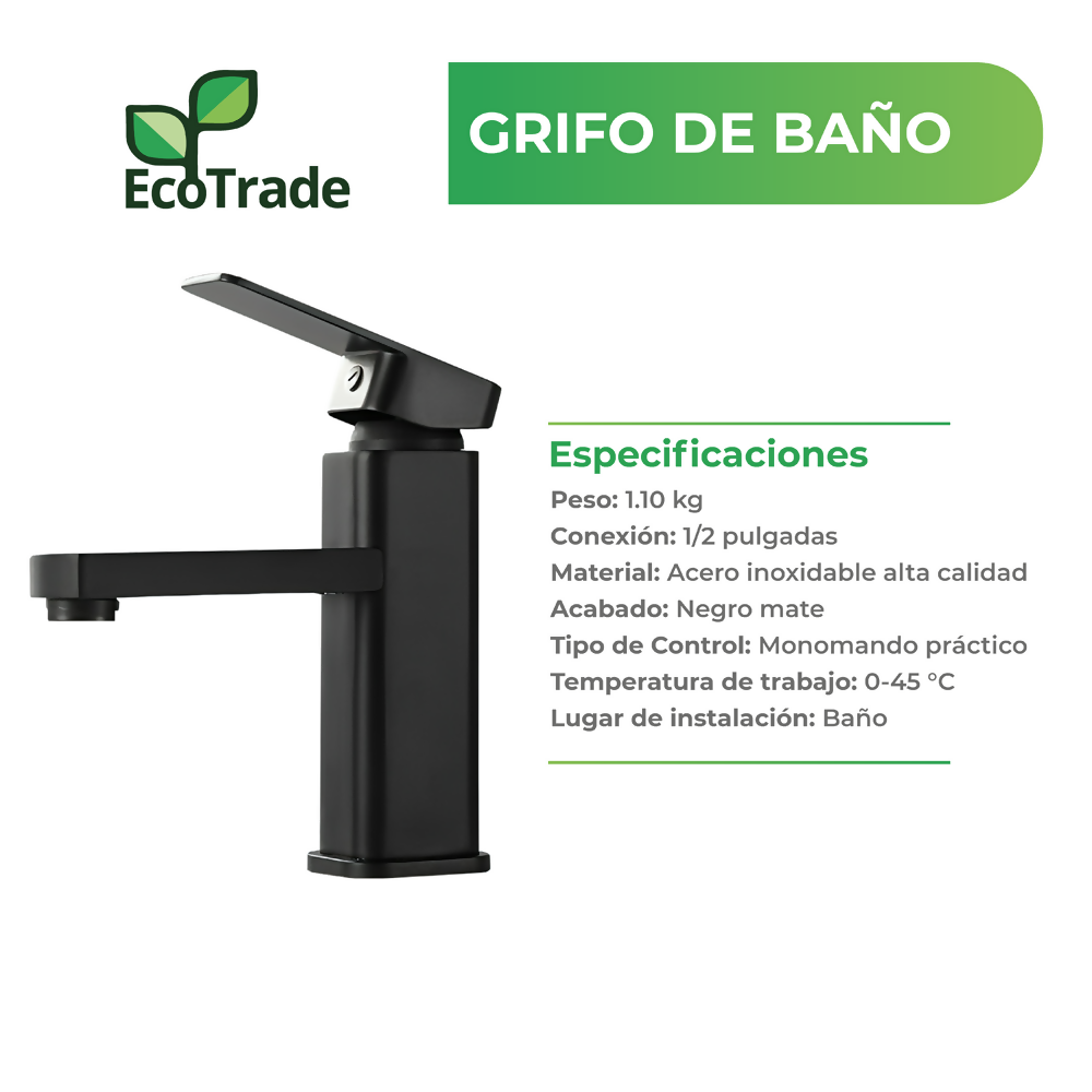 Grifería Baño Acero Inoxidable Negro Mate Monomando Cuadrado