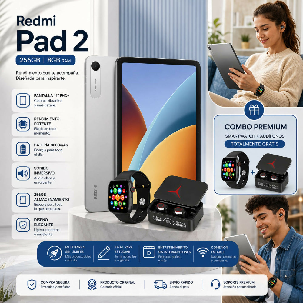 Tablet Redmi Pad 2 Wi-Fi 256GB 8GB RAM + Obsequios Audífonos Y Smartwatch Gris