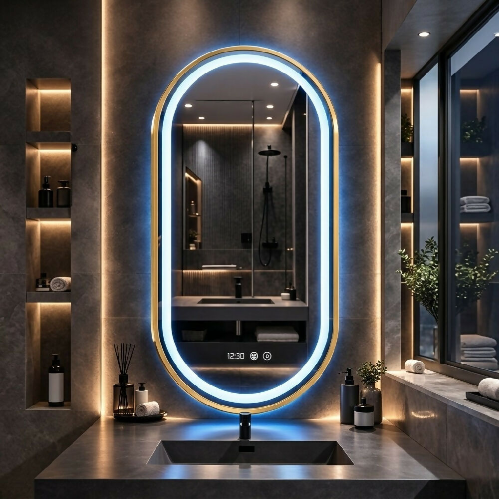 Espejo LED ovalado 100x55 con sistema antiempañante y elegante marco dorado