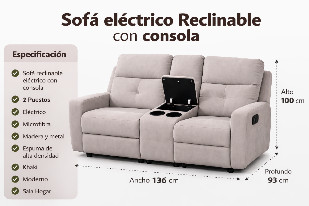 Sofa Electrico 2 Puestos con consola Tela Khaki Tacio