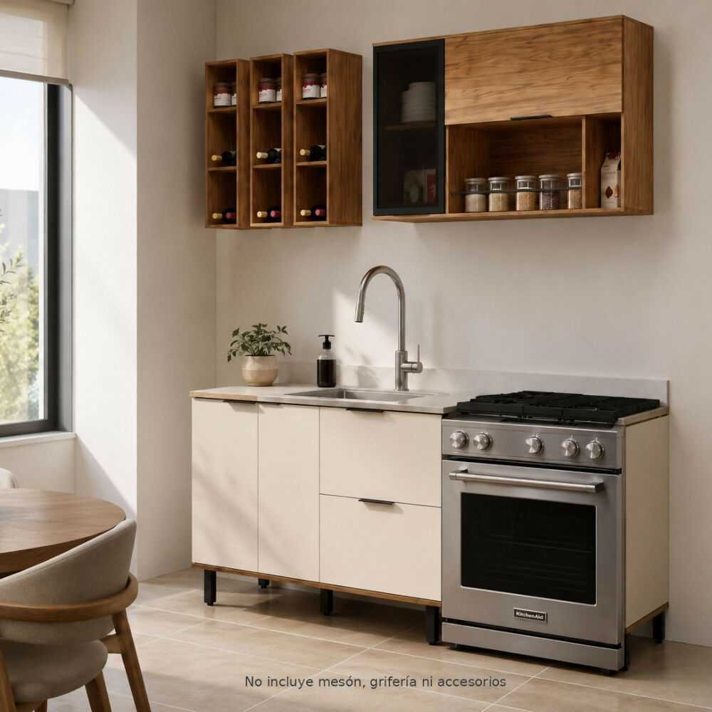 Cocina 180 cm Ibiza 3 Puertas 2 Cajones - Natural/Blanco Apagado
