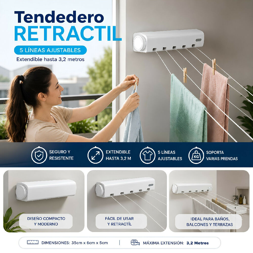 Colgador Tendedor De Ropa De Pared Con 5 Cuerdas Extensibles Hasta 3.2 Metros