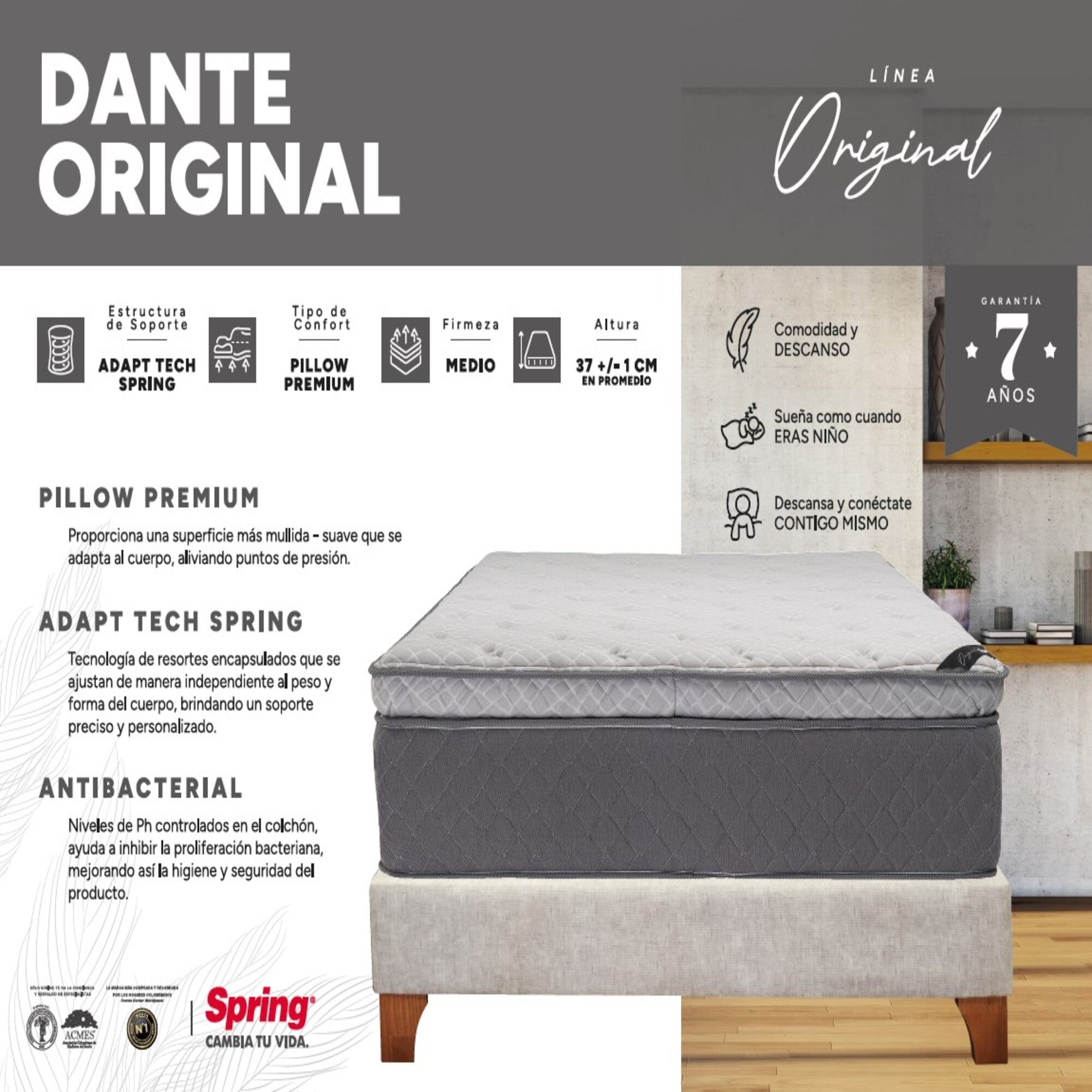 Colchón Spring Dante Original King 200X200 Cm  + Set Almohadas Ergo + Protector