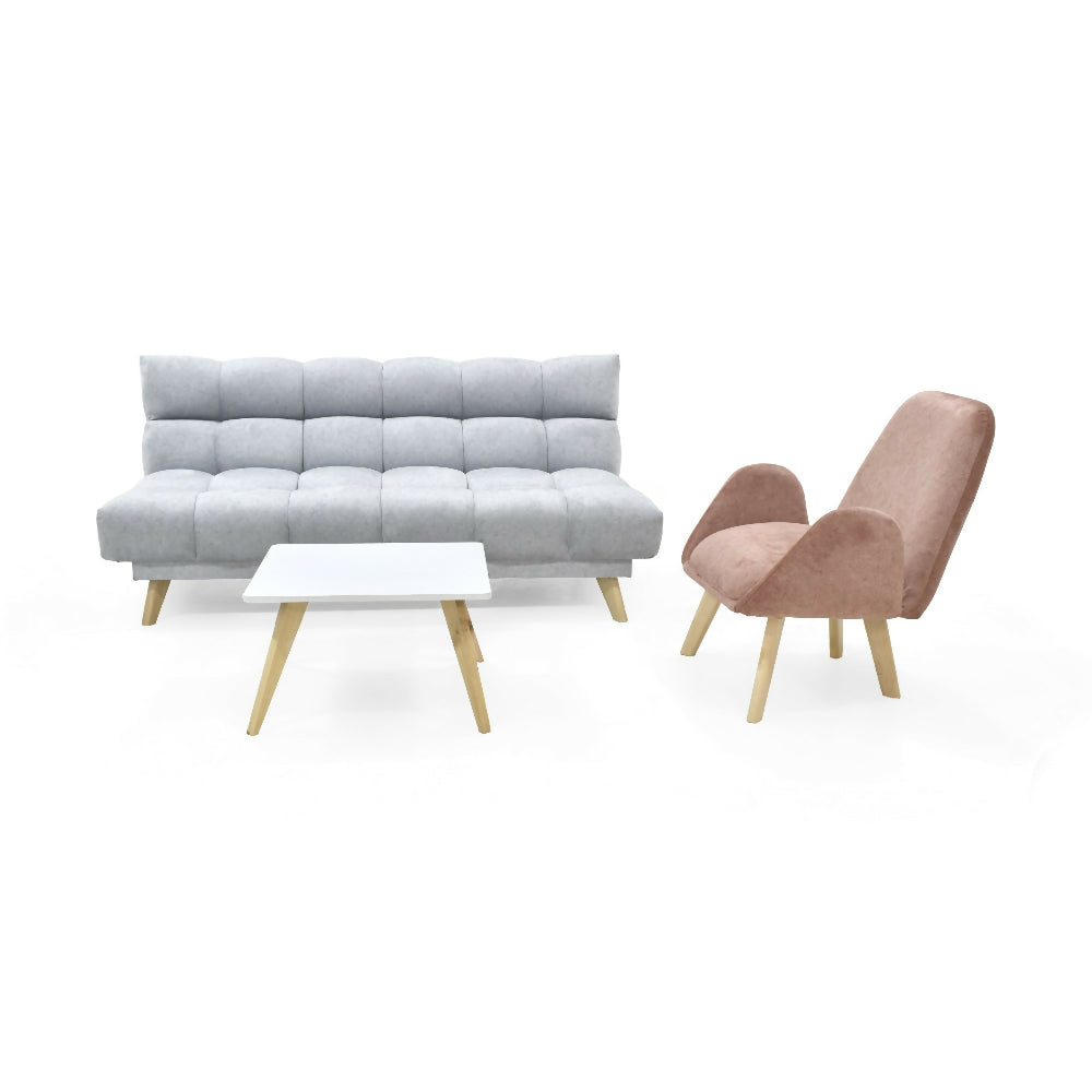 Sala Con Sofa Cama Nubo Plata + Poltrona Sibu Salmon Y Mesa de Centro Nova
