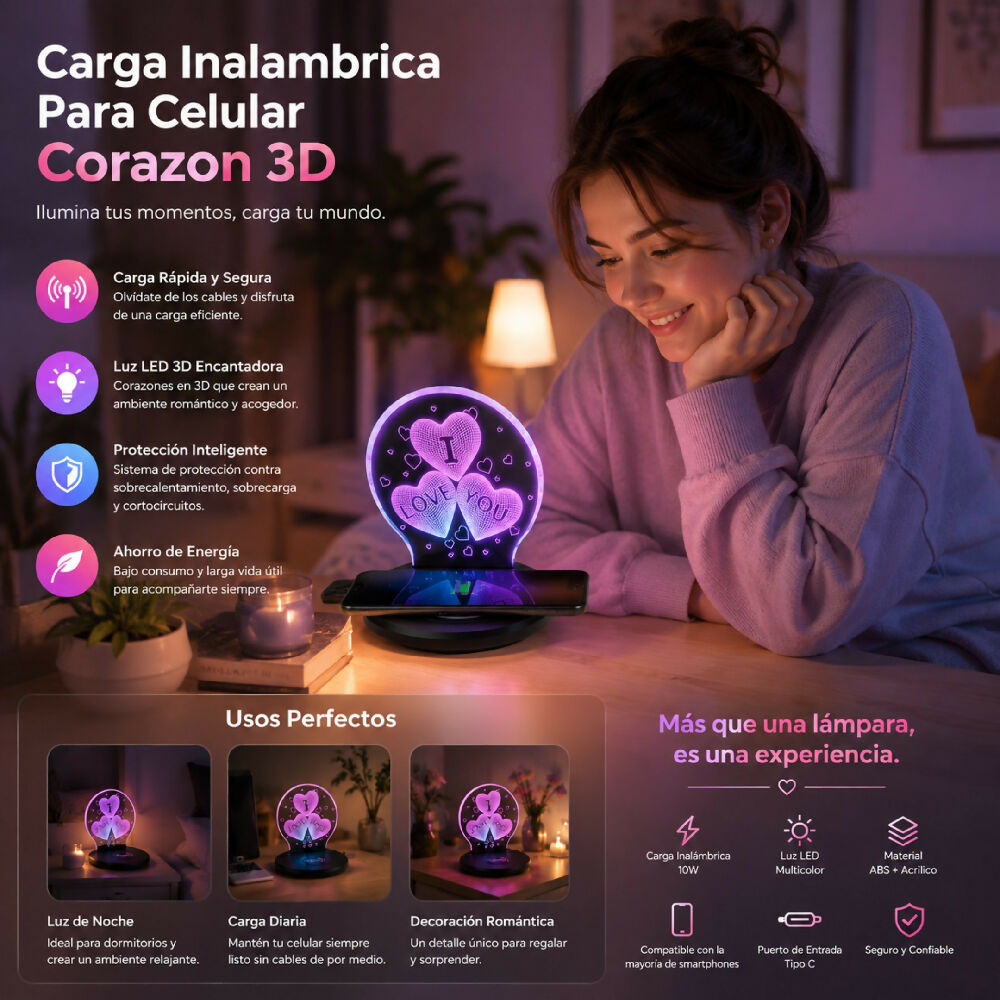 Lámpara Led Corazón 3D Con Carga Inalámbrica Rápida Para Celular