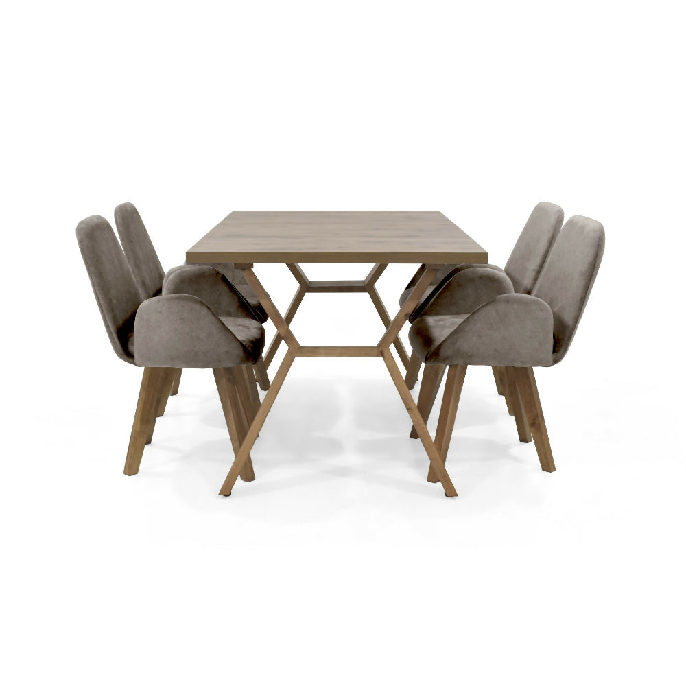 Set de Comedor Nara Macula con 4 Sillas Mao Tela Plata Matiz Caoba