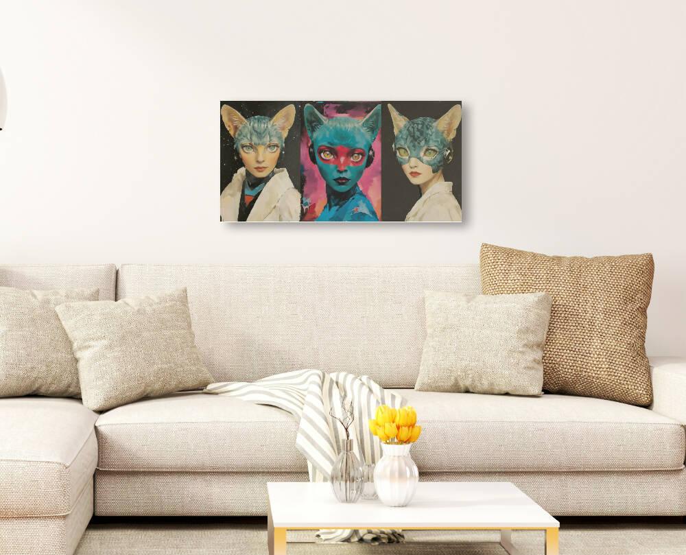 Lienzo Cuadro Decorativo Arte Pop Felinas 34X72CM