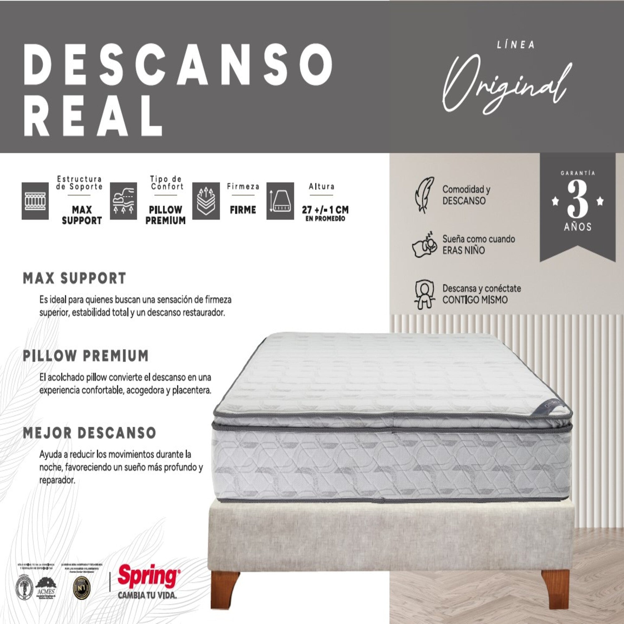 Colchón Spring Descanso Real Doble 140X190 Cm + + Set Almohadas Siliconadas