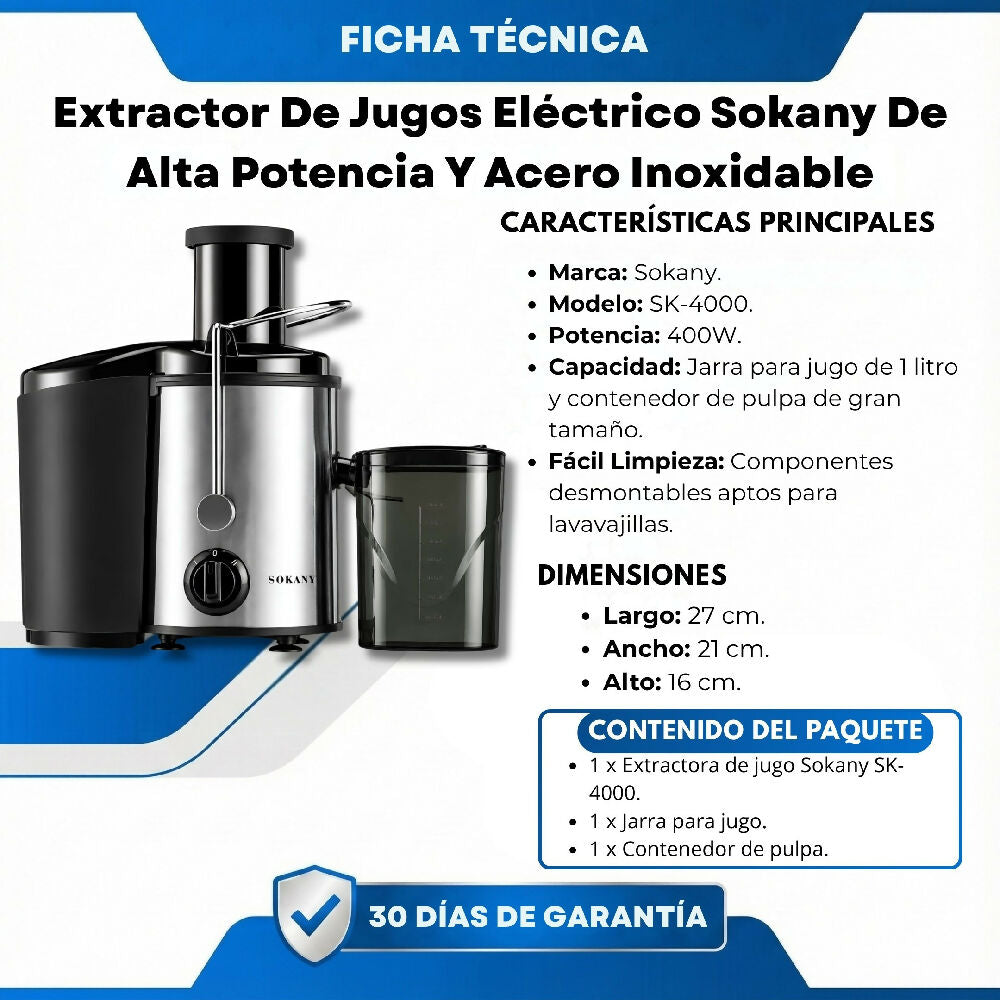 Extractor De Jugos Eléctrico Sokany De Alta Potencia Y Acero Inoxidable