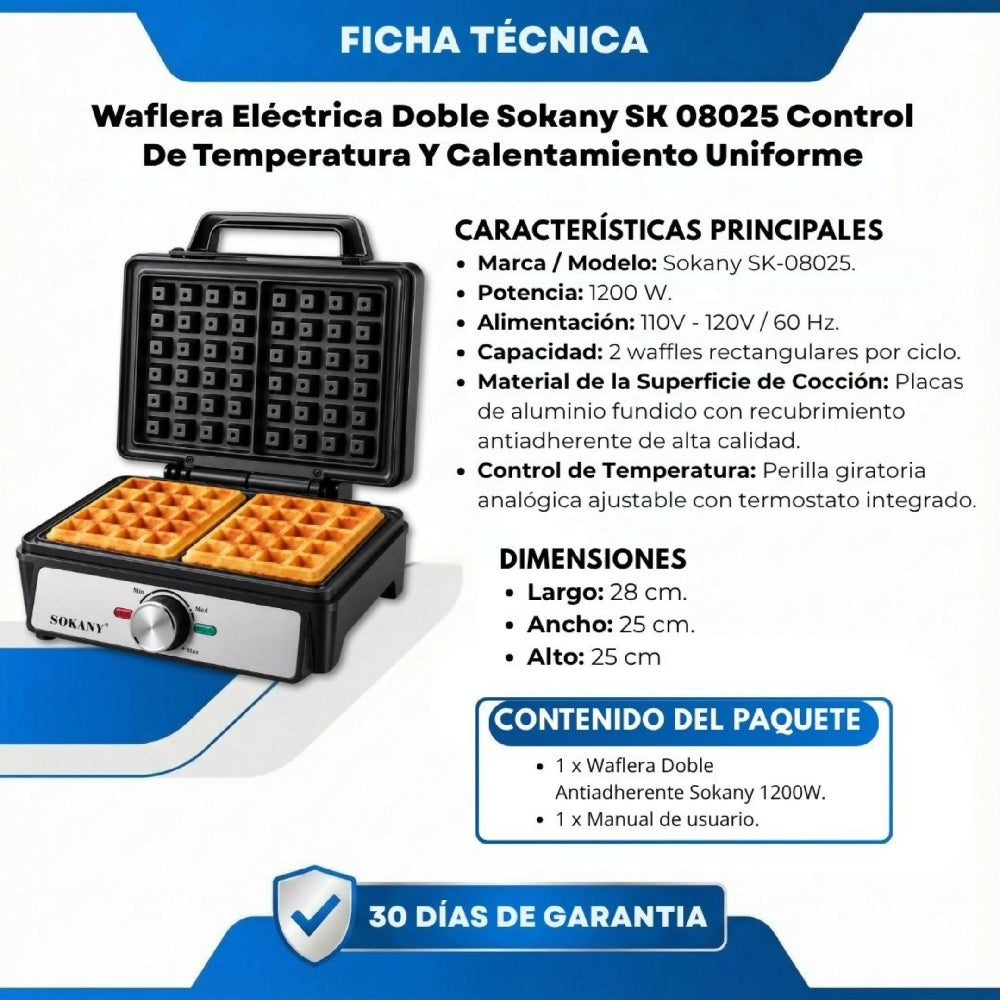 Waflera Eléctrica Doble Sokany SK 08025 Control De Temperatura Y Calentamiento Uniforme