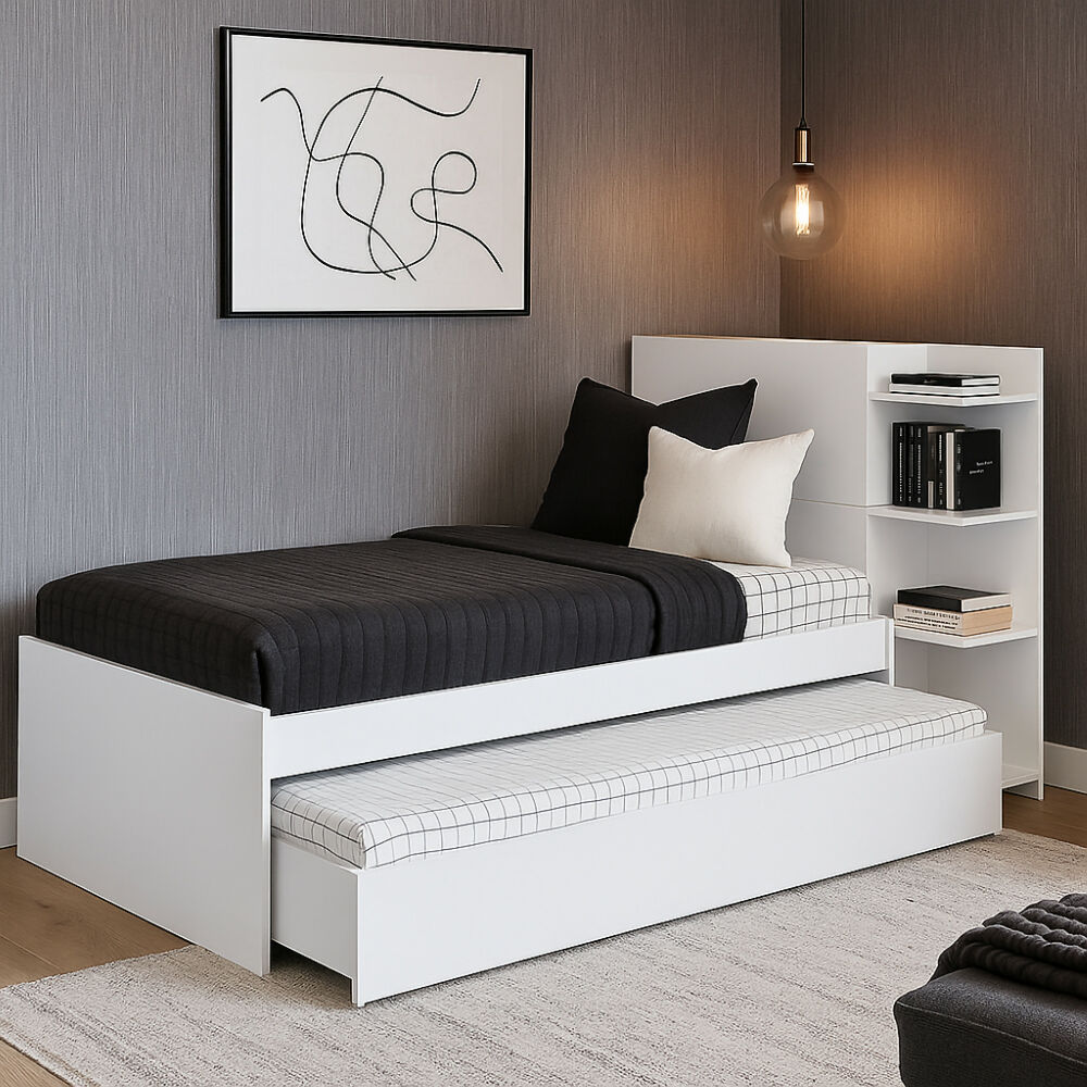 Cama Nido Multifuncional Gea Blanca Con Estantes Laterales Y Cabecero Con Almacenamiento