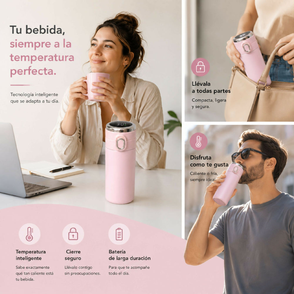 Termo Rosado Digital Inteligente Acero Inoxidable Con Pantalla Sensor
