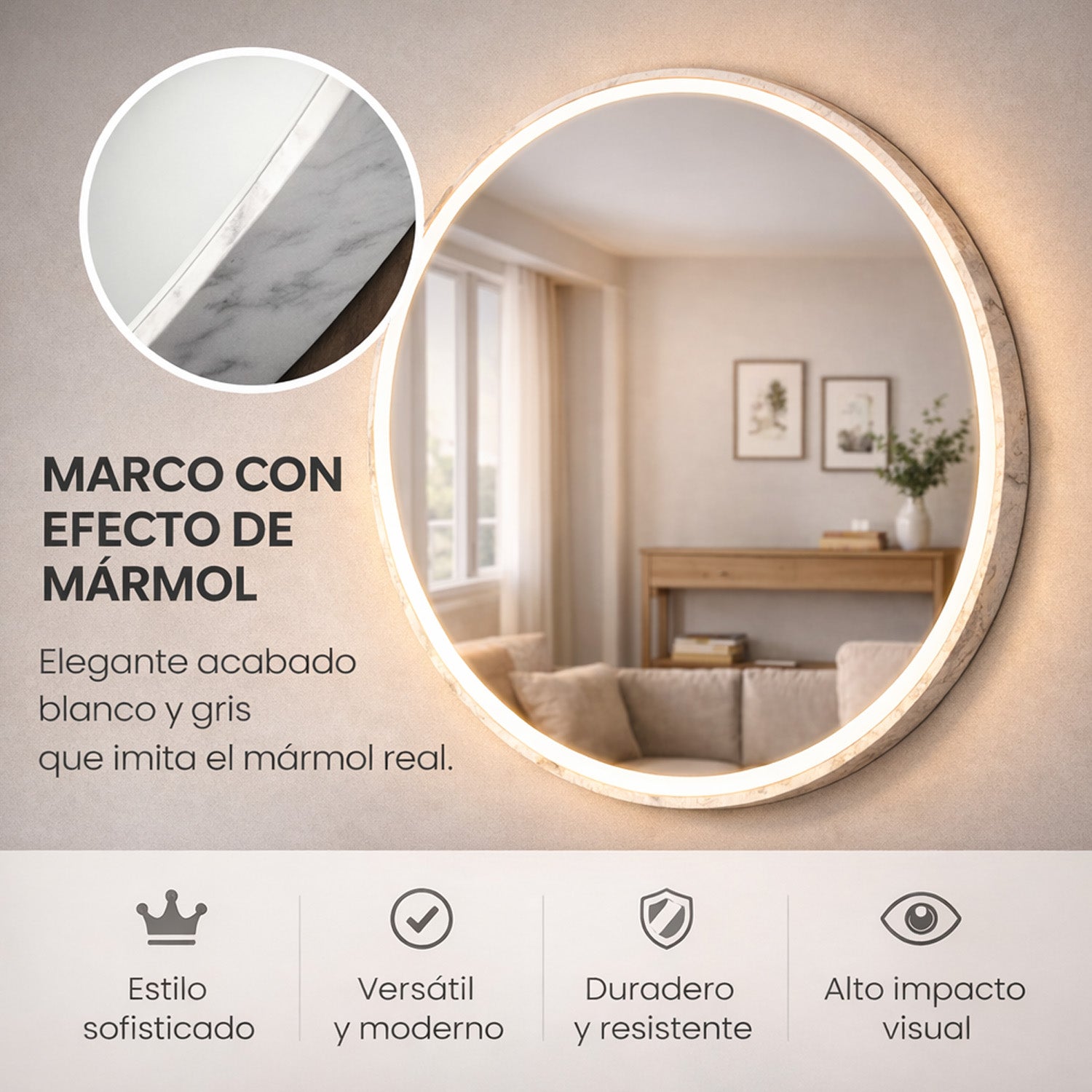 Espejo Marble Redondo con Marco, Blanco