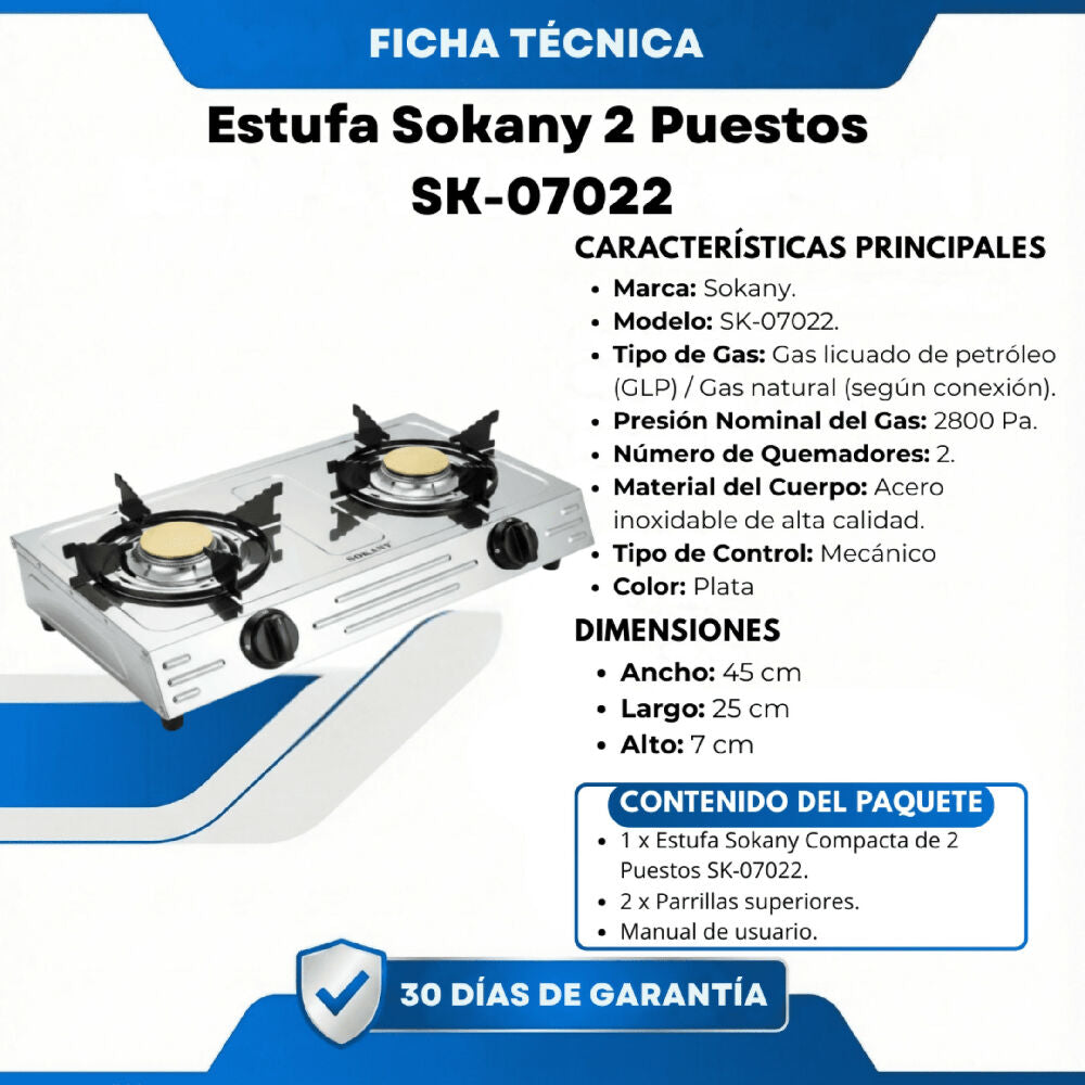Estufa Sokany 2 Puestos SK-07022 Moderno en Acero Inoxidable
