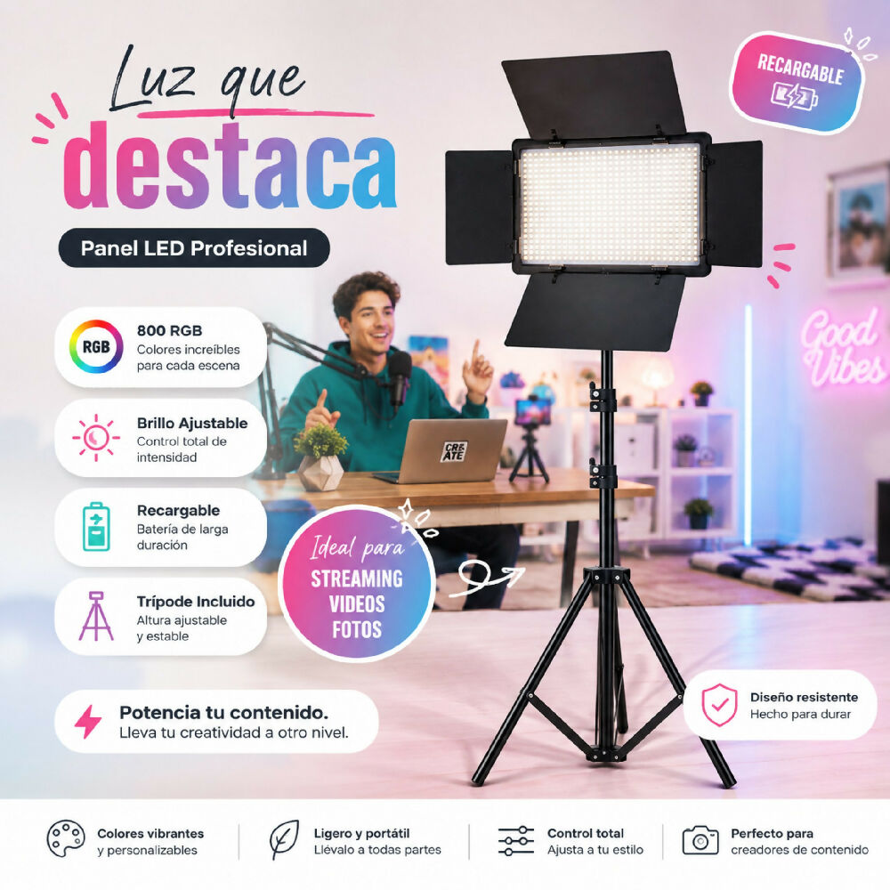 Panel De Luz LED Profesional Recargable 800RGB