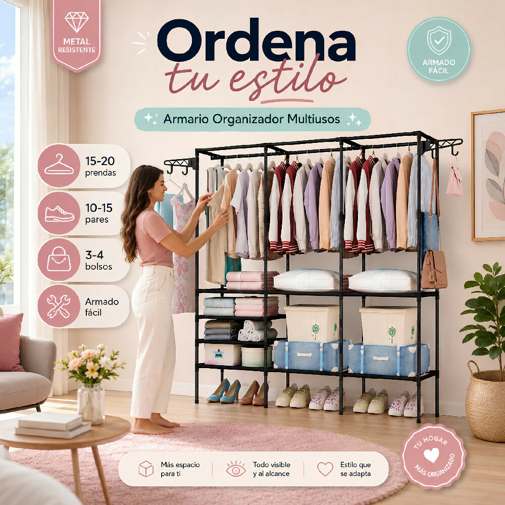 Closet Organizador De Tubos 3 Cuerpos Armable Para Ropa Armario Con Perchero
