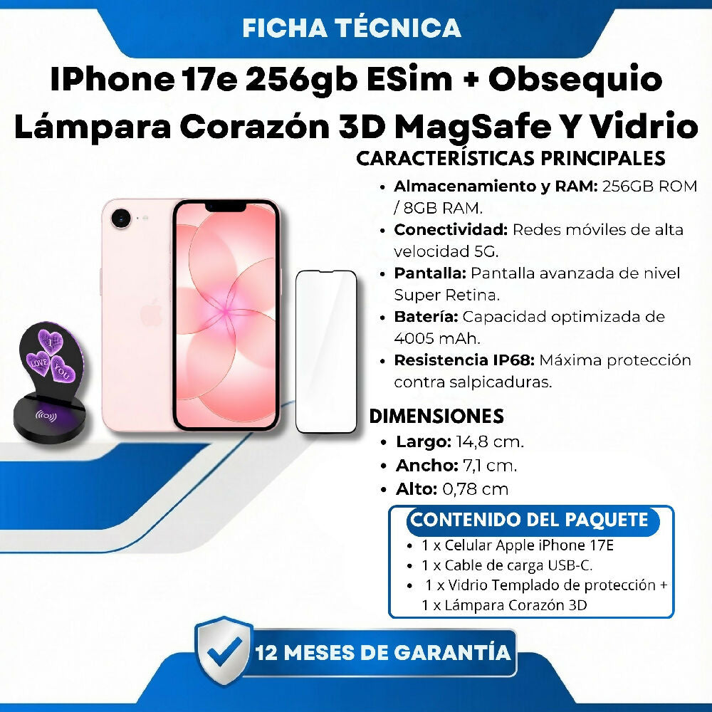 Celular Apple IPhone 17e 256gb ESim + Obsequio Lámpara Corazón 3D MagSafe Y Vidrio Palo Rosa