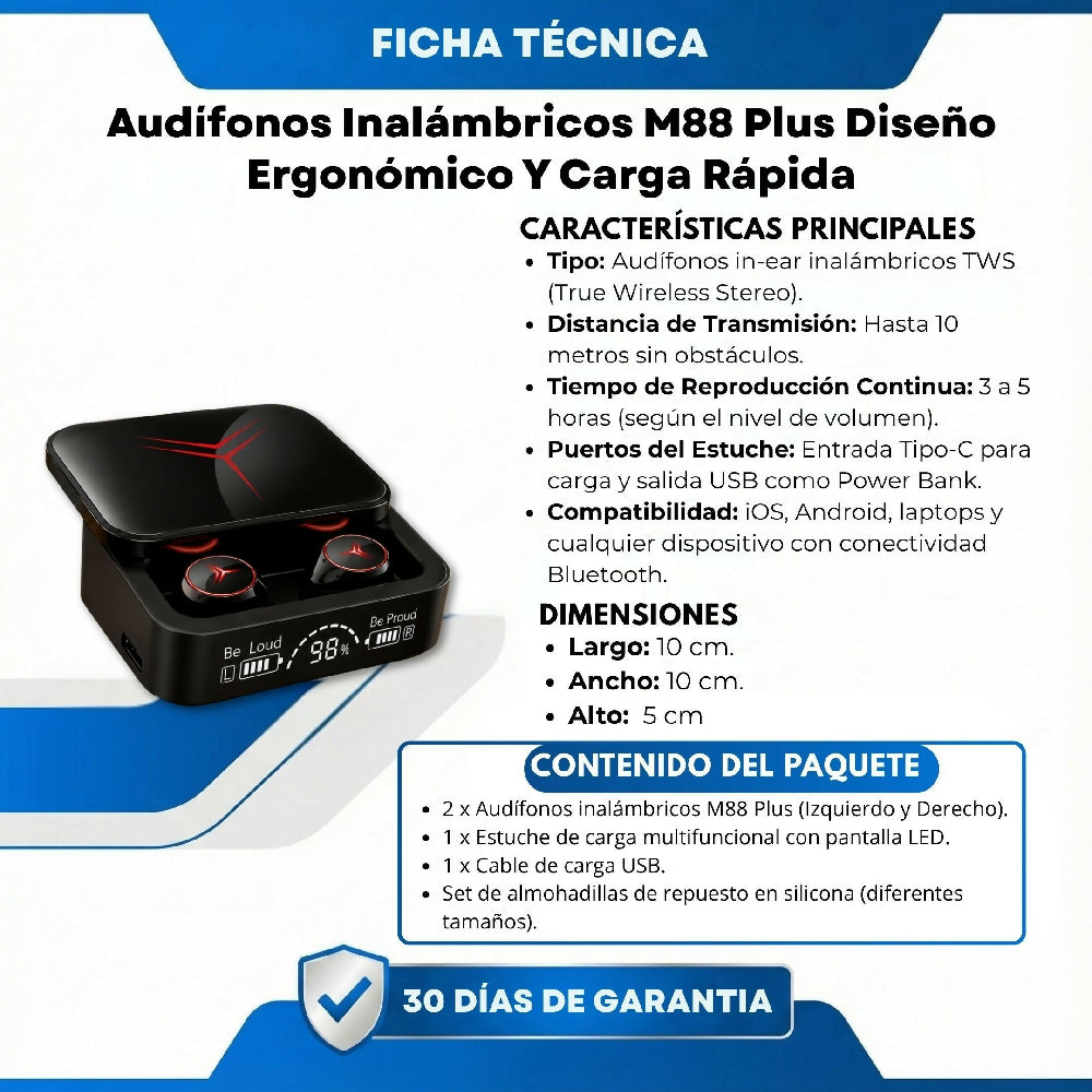 Audífonos Inalámbricos M88 Plus Diseño Ergonómico Y Carga Rápida
