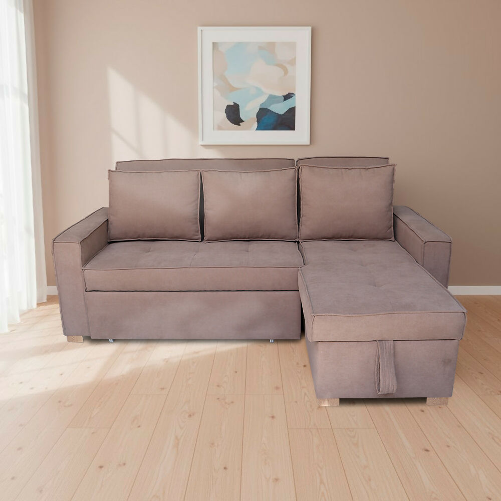 Esquinero Baúl Marsella Multifuncional Reclinable Derecho Camel + Cojines Decorativos