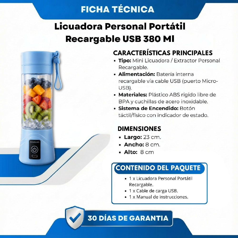 Licuadora Personal Portátil Recargable USB 380 Ml Azul