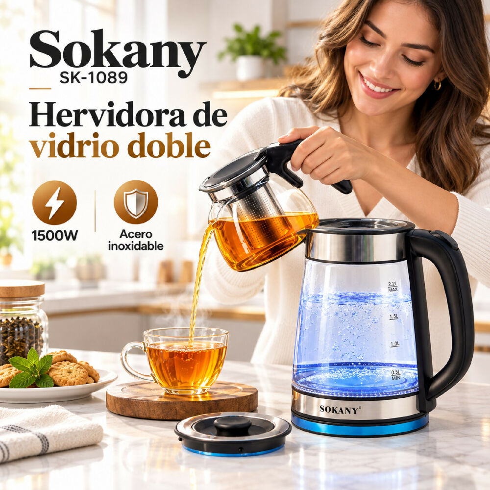 Hervidor Doble Electrico De Vidrio Sokany SK-1089 2.2 Litros Y 0.8 Litros Tetera