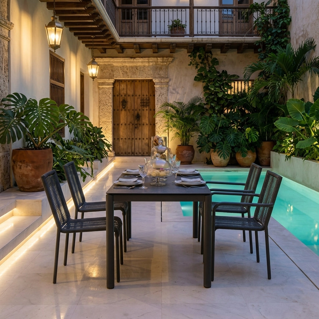 Comedor de Exterior Jónico, Negro, Incluye Cuatro Cómodas Sillas Negras