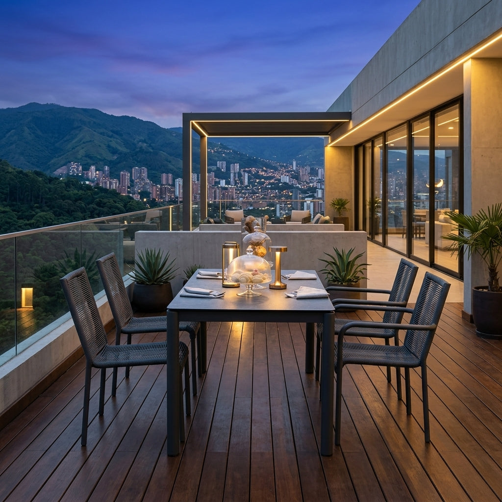 Comedor de Exterior Jónico, Negro, Incluye Cuatro Cómodas Sillas Negras
