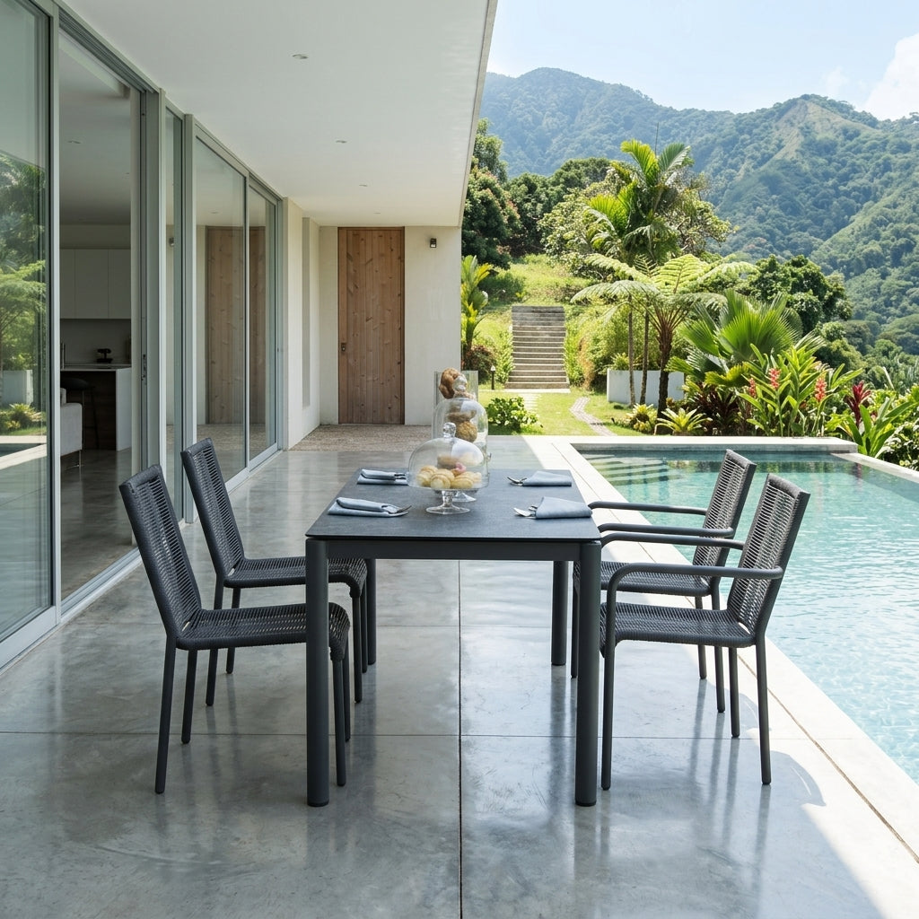 Comedor de Exterior Jónico, Negro, Incluye Cuatro Cómodas Sillas Negras