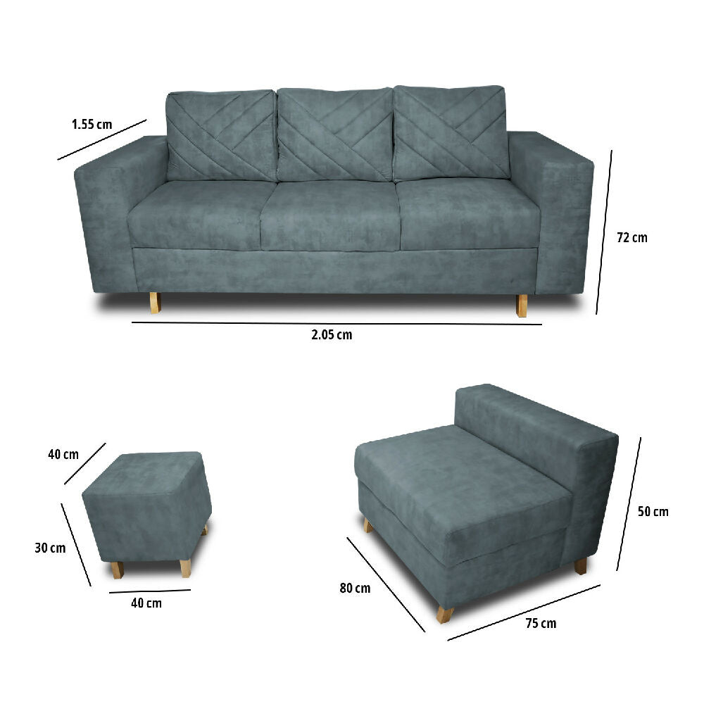 Sala Amsterdam + Silla +Puff en Tela Amiglable Con Mascotas 205X72X155 Cm Acero