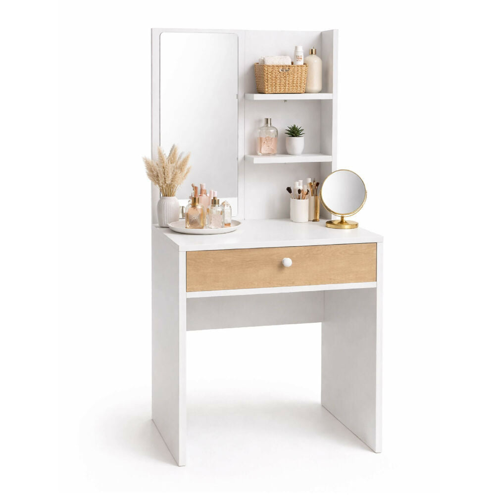 Tocador Touluse con Espejo Repisas 140x70x40cm Blanco-Madera