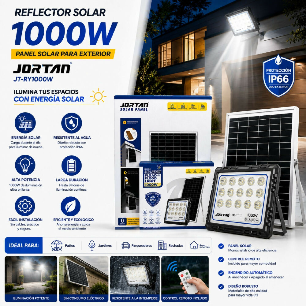 Reflector LED Solar De 1000W Para Exterior Ilumina Grandes Espacios