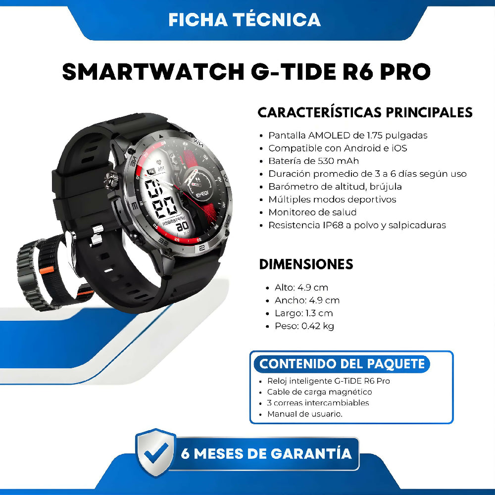Smartwatch G-Tide R6 Pro Reloj Inteligente Deportivo Con Llamadas Bluetooth, GPS, Resistente Al Agua IP68