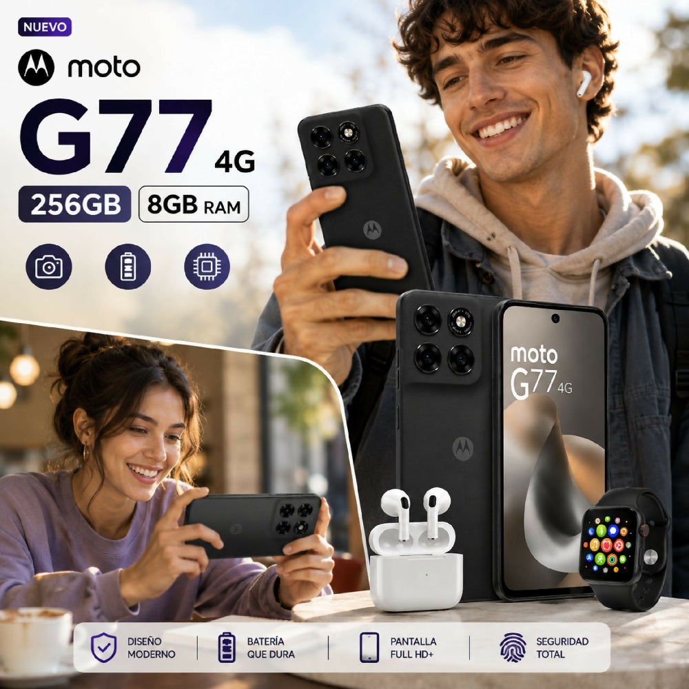 Celular Motorola G77 4G 256GB Rendimiento Ultra Fluido Negro + 2 Obsequios Imperdibles