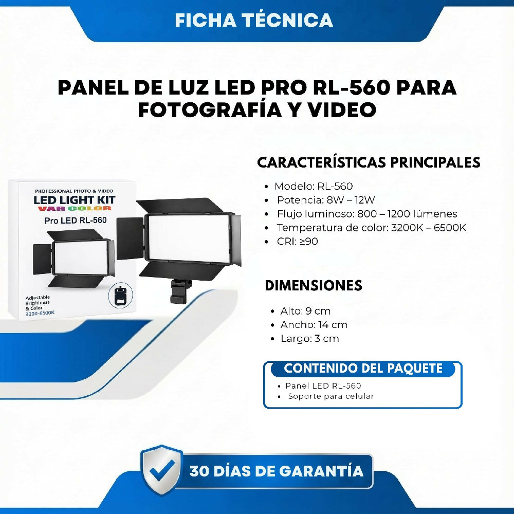 Panel De Luz LED Pro RL-560 Para Fotografía Y Video Iluminación Profesional Con Intensidad Y Temperatura Ajustable