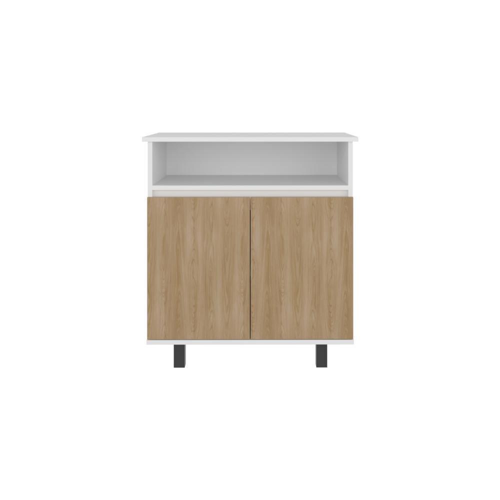 Mesa Auxiliar de Cocina Lona, Blanco Duqueza y Fresno Europeo, con 2 puertas abatibles y espacio para microondas
