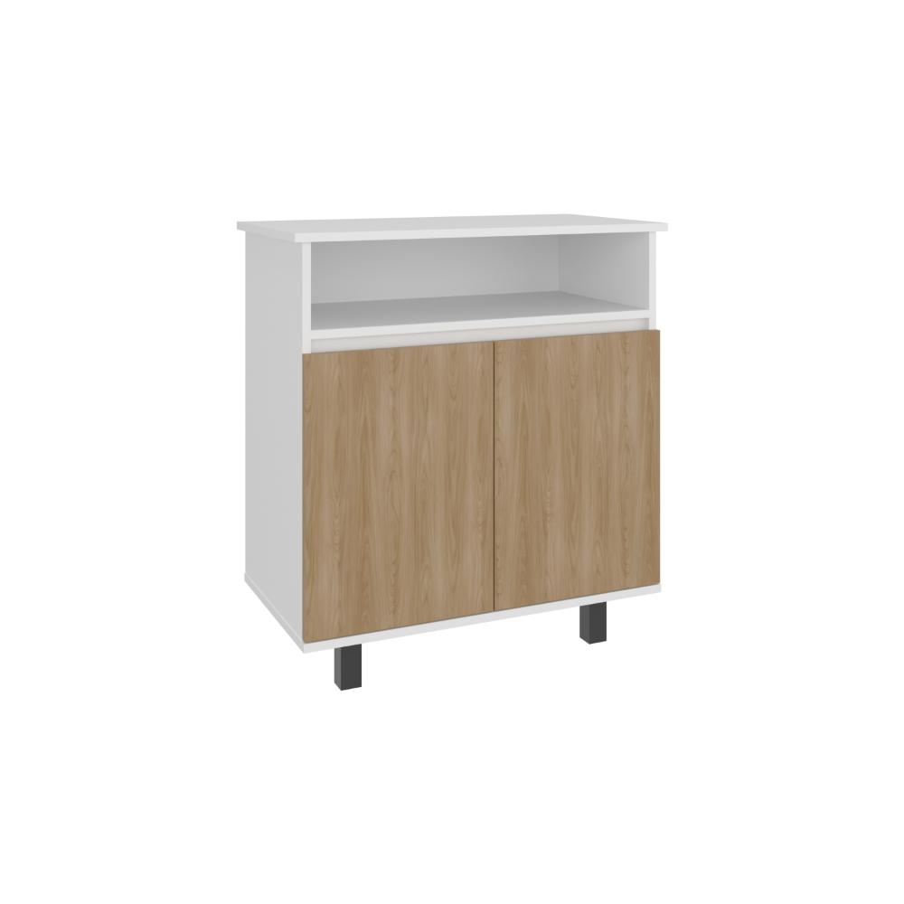 Mesa Auxiliar de Cocina Lona, Blanco Duqueza y Fresno Europeo, con 2 puertas abatibles y espacio para microondas
