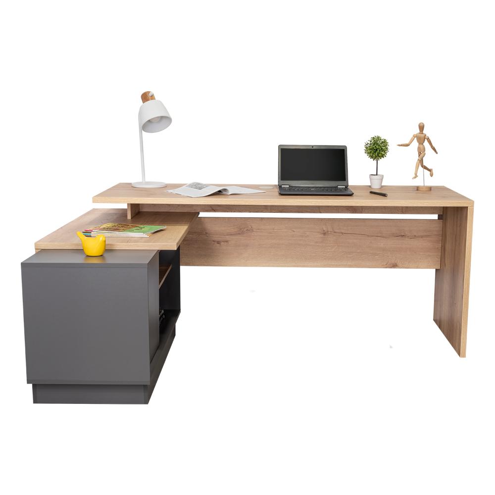 Escritorio L Taira, Café Claro y Plata Oscuro, con Amplia Superficie de Trabajo