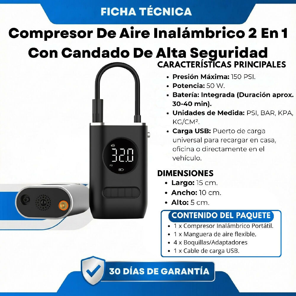 Compresor De Aire Inalámbrico 2 En 1 Con Candado De Alta Seguridad