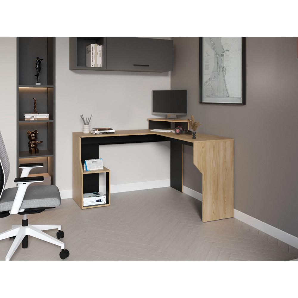 Escritorio en L Danom, Fresno Europeo y Wengue, con Amplia Superficie y Base para Monitor