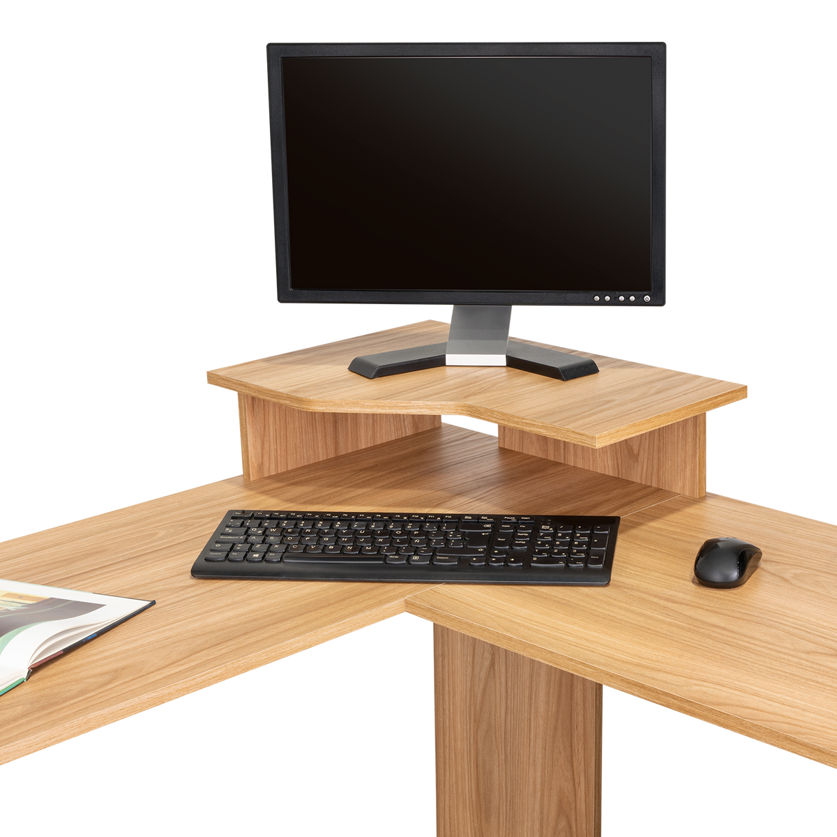 Escritorio en L Danom, Fresno Europeo y Wengue, con Amplia Superficie y Base para Monitor