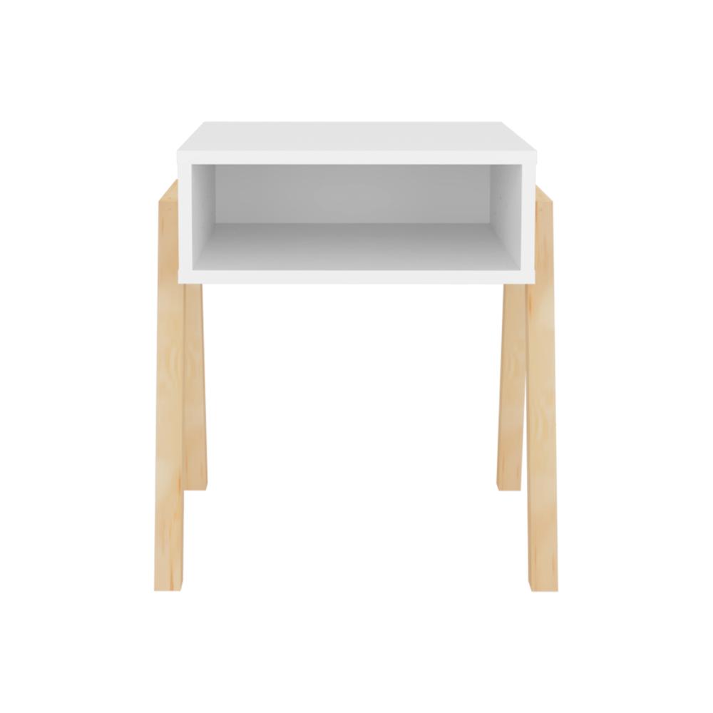 Mesa de Noche Pinet, Blanco Duqueza, con un entrepaño para guardar objetos y diseño minimalista