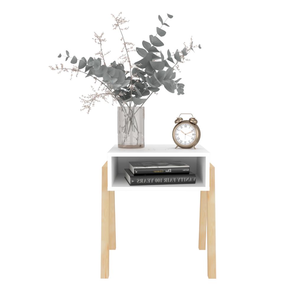 Mesa de Noche Pinet, Blanco Duqueza, con un entrepaño para guardar objetos y diseño minimalista