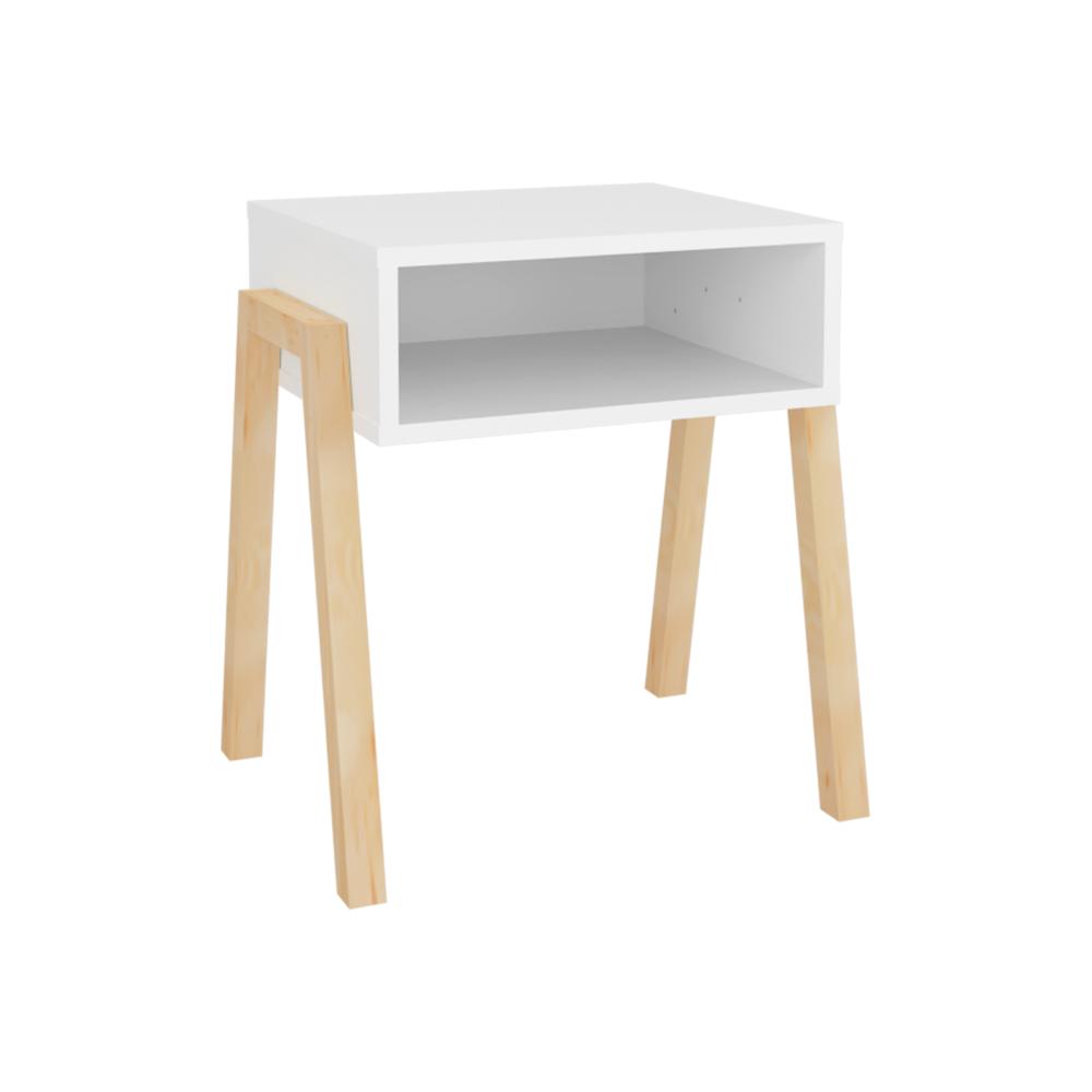 Mesa de Noche Pinet, Blanco Duqueza, con un entrepaño para guardar objetos y diseño minimalista