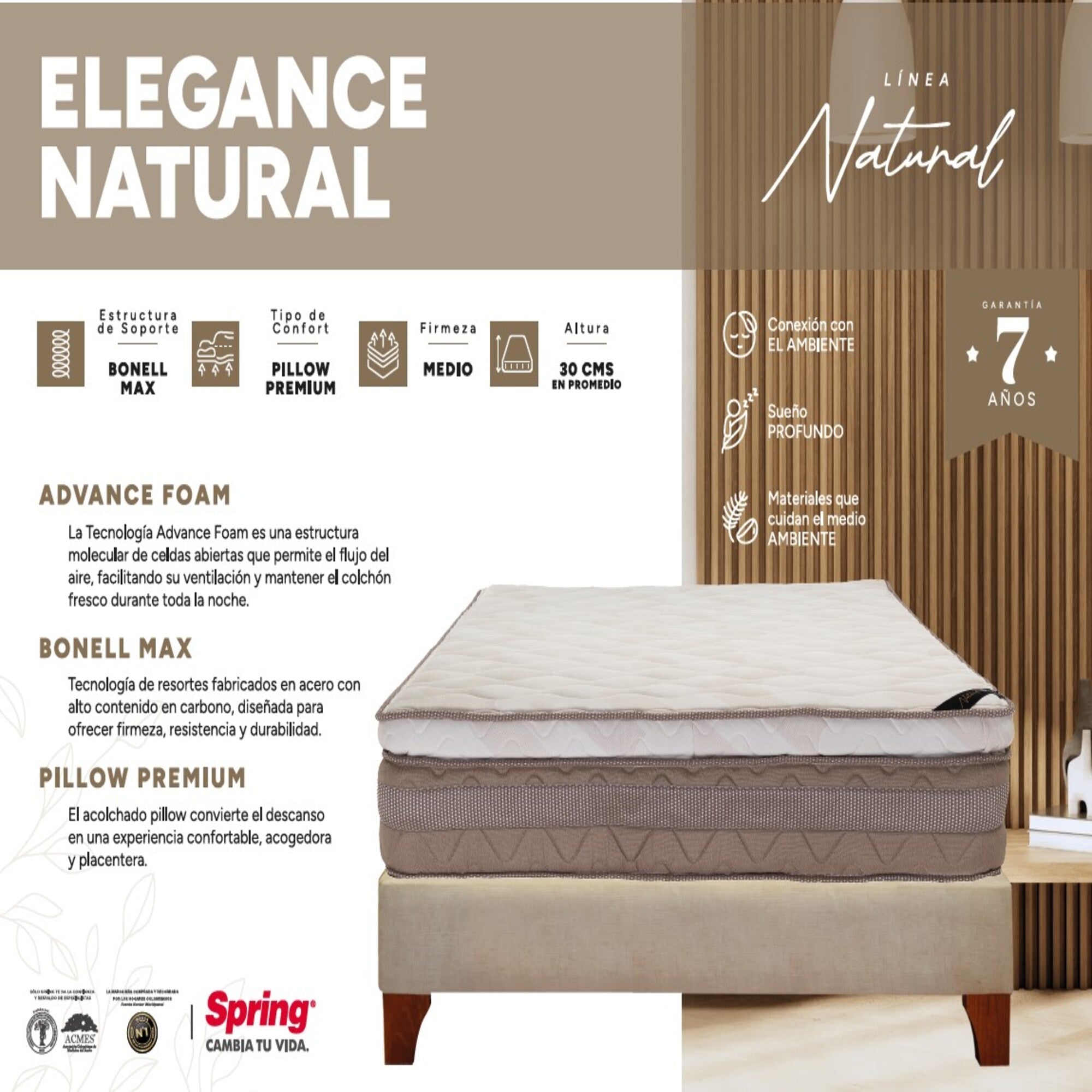 Colchón Spring Elegance Natural Doble 140X190 Cm  Gratis Almohadas Siliconadas