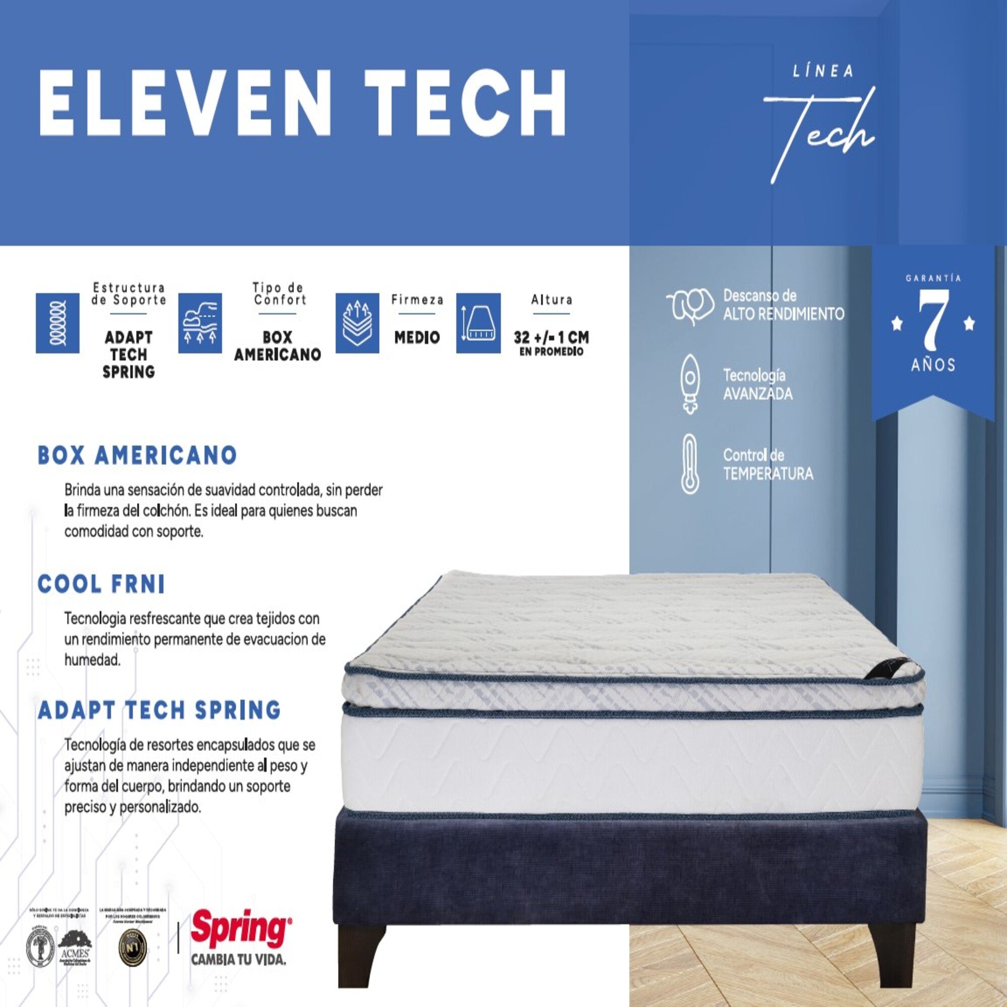 Colchón Spring Eleven Tech Doble 140X190 Cm  Gratis Almohadas Ergo