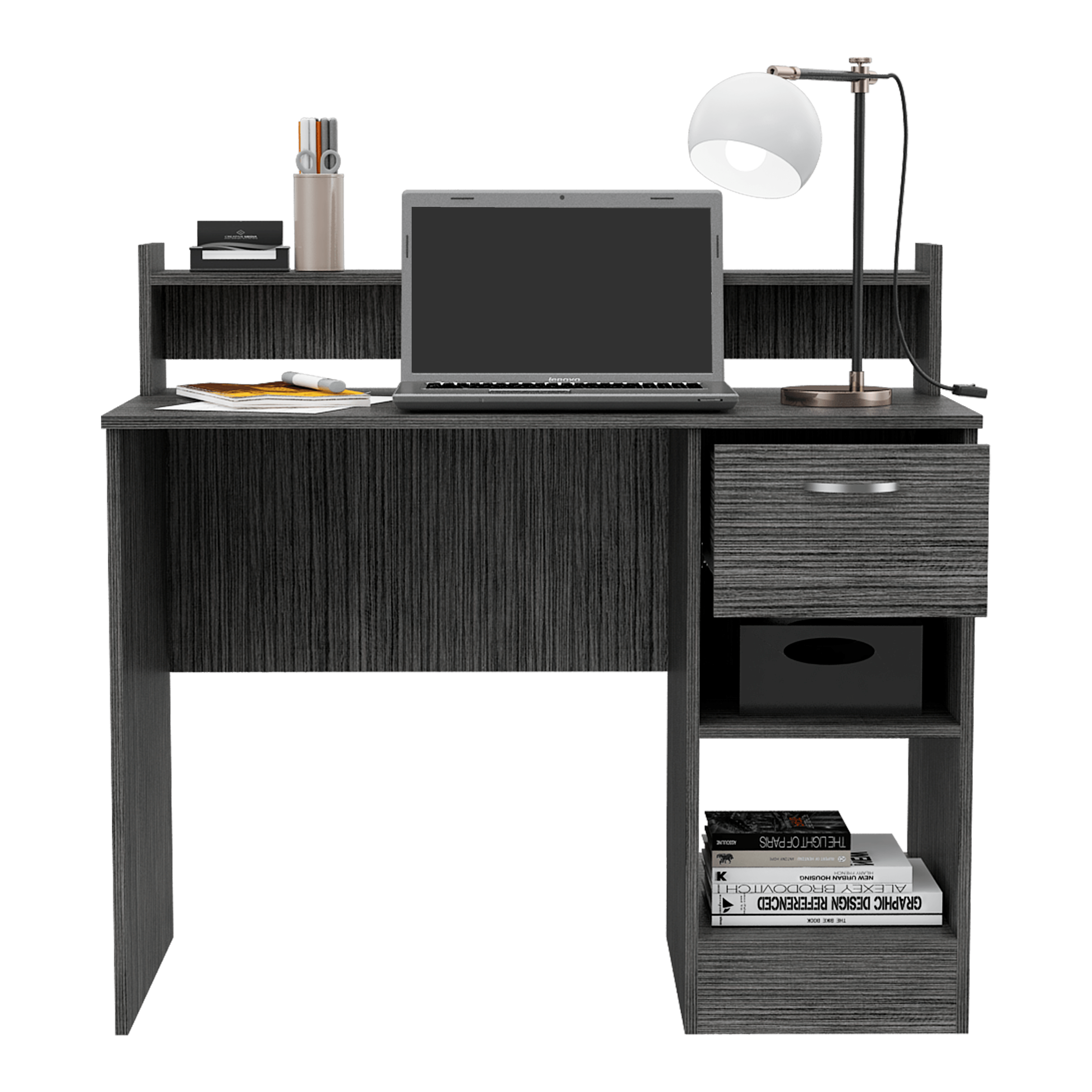 Escritorio Tulk, Gris, con Un Cajón Archivado y Dos Entrepaños ZF - VIRTUAL MUEBLES