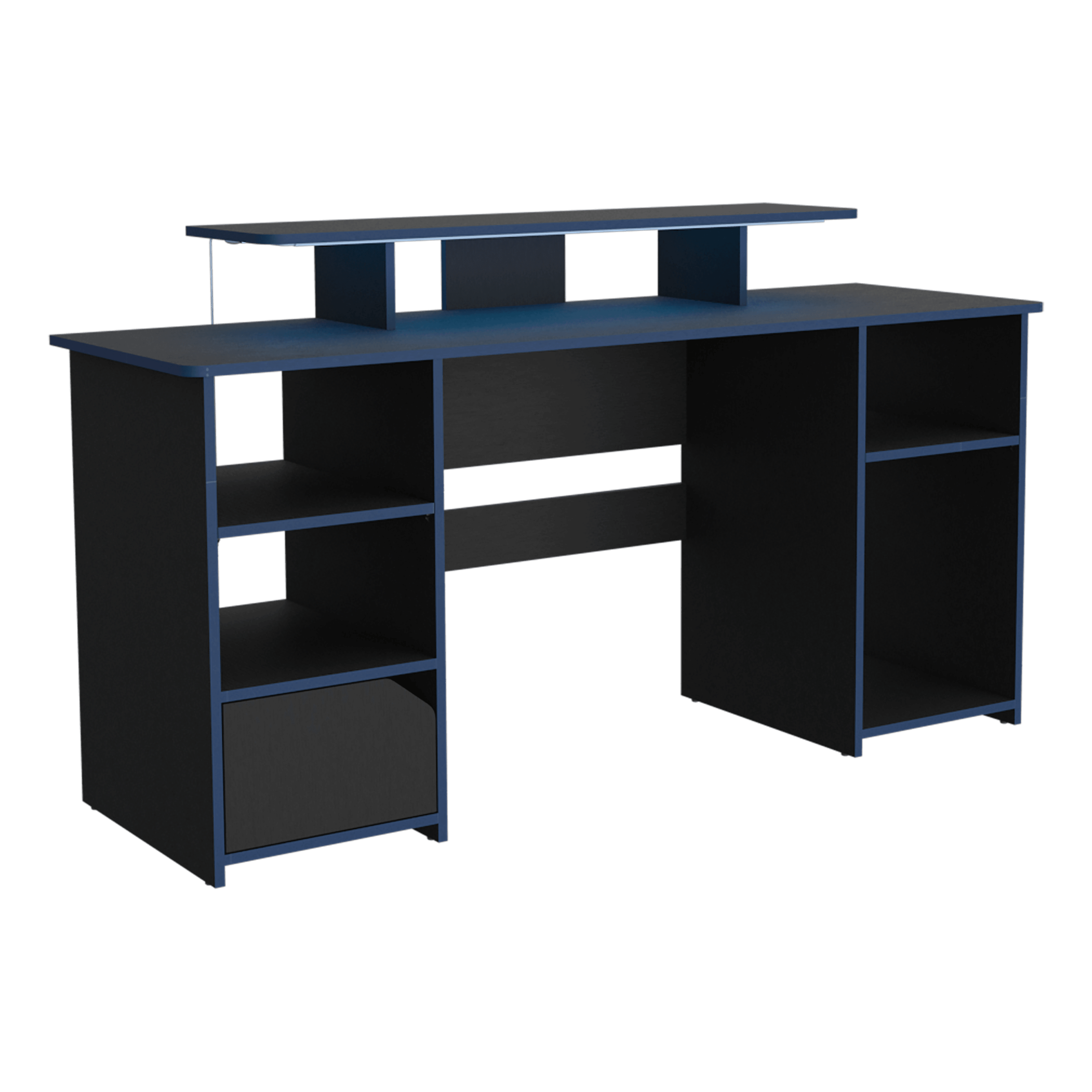 Escritorio Gamer Trollino, Wengue y Azul, con Luz LED y Espacio Adicional para Pantallas - VIRTUAL MUEBLES