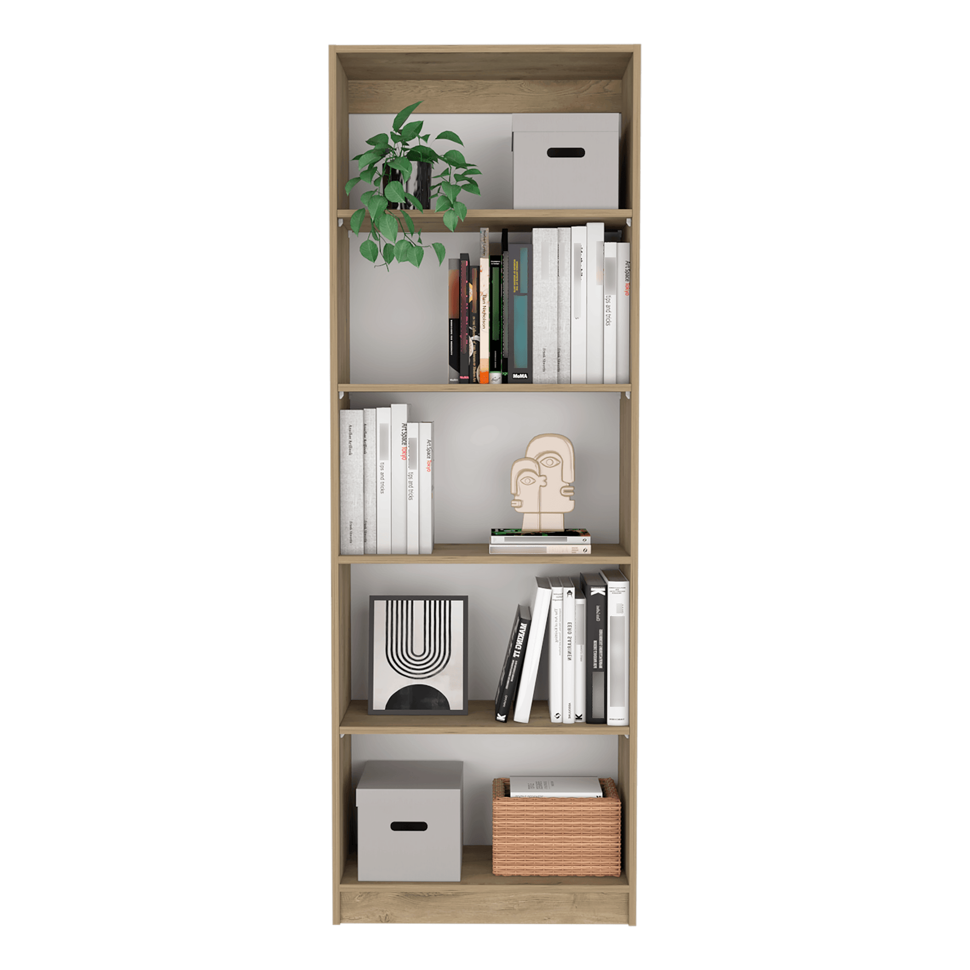 Combo de Bibliotecas Home, Macadamia y Blanca, Incluye Tres Bibliotecas de Cuatro y Cinco Entrepaños Sin Puertas. - VIRTUAL MUEBLES