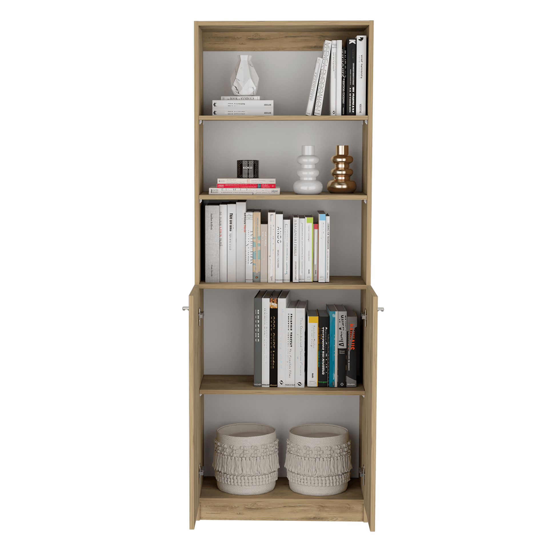 Combo de Bibliotecas Home, Macadamia y Blanca, Incluye Tres Bibliotecas de Cuatro y Cinco Entrepaños Sin Puertas. - VIRTUAL MUEBLES