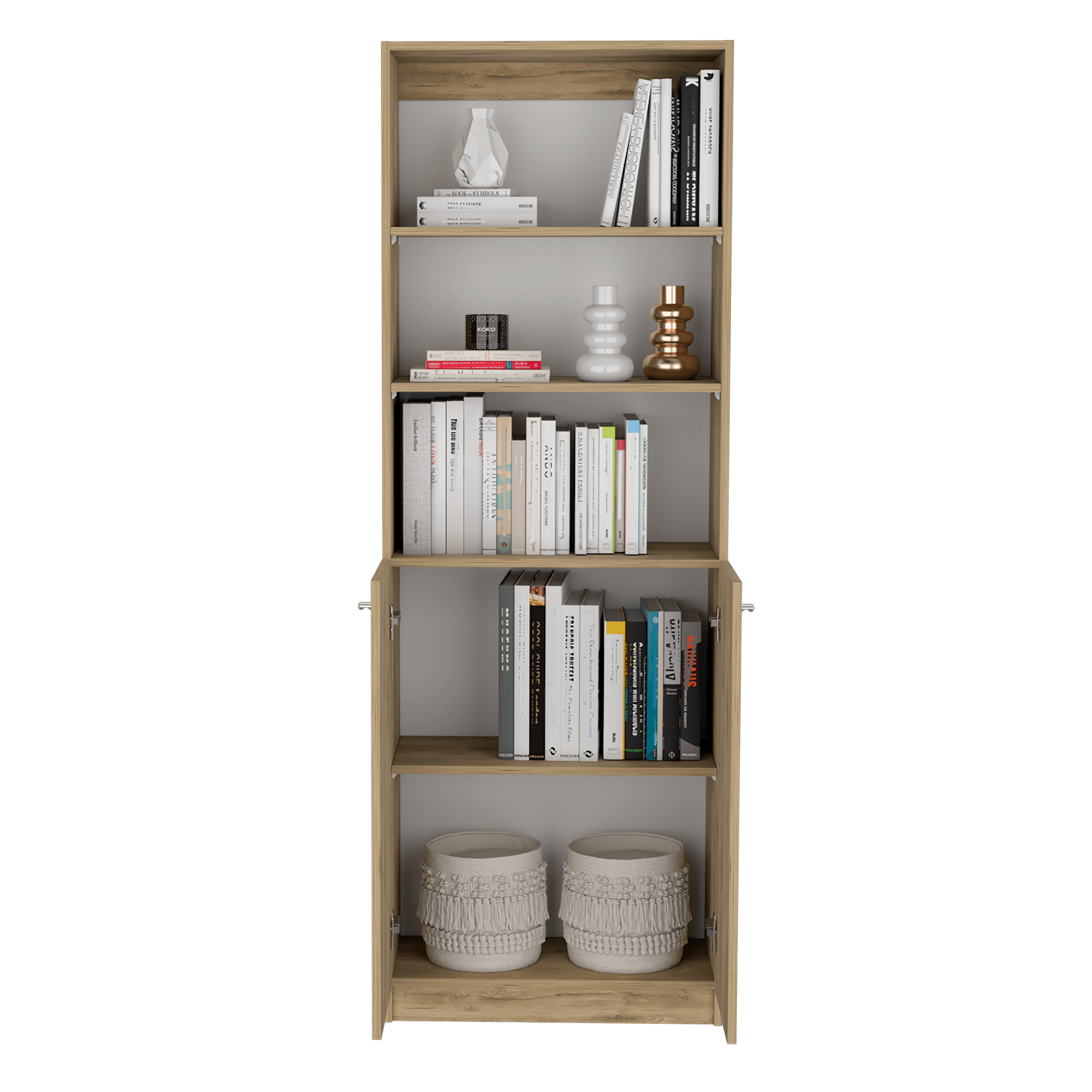 Combo de Bibliotecas Home, Macadamia y Blanca, Incluye Tres Bibliotecas de Cuatro y Cinco Entrepaños Sin Puertas. - VIRTUAL MUEBLES